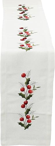 Xia Home Fashions Holly Berry - Camino de mesa navideño bordado con vainica, 8 x 62 pulgadas