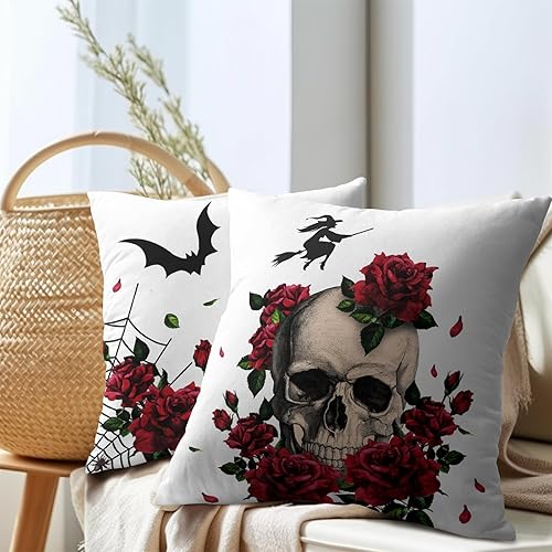 Miniatura 7 de Funda de almohada de calavera de azúcar, rosa roja con tela de araña de murciélago, funda de almohada decorativa para Halloween, Día de Todos los