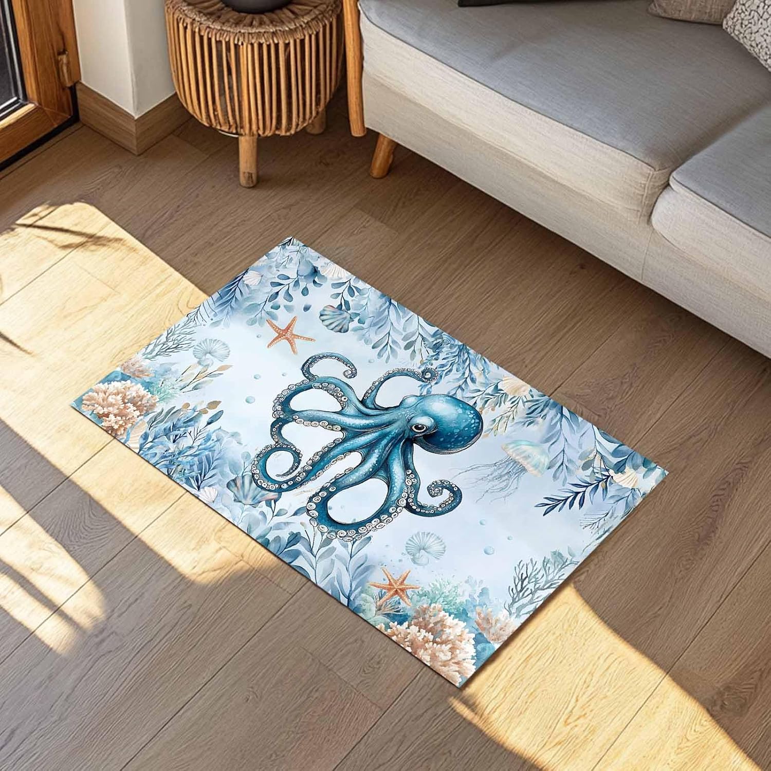 Ocean Octopus Entrance Floor Mat Personalized Doormat, Summer Jellyfish Turtle Welcome Door Mat, Low Profile Non Slip Entry Rugs for Kitchen Bathroom Home Front Decor, 20x32in