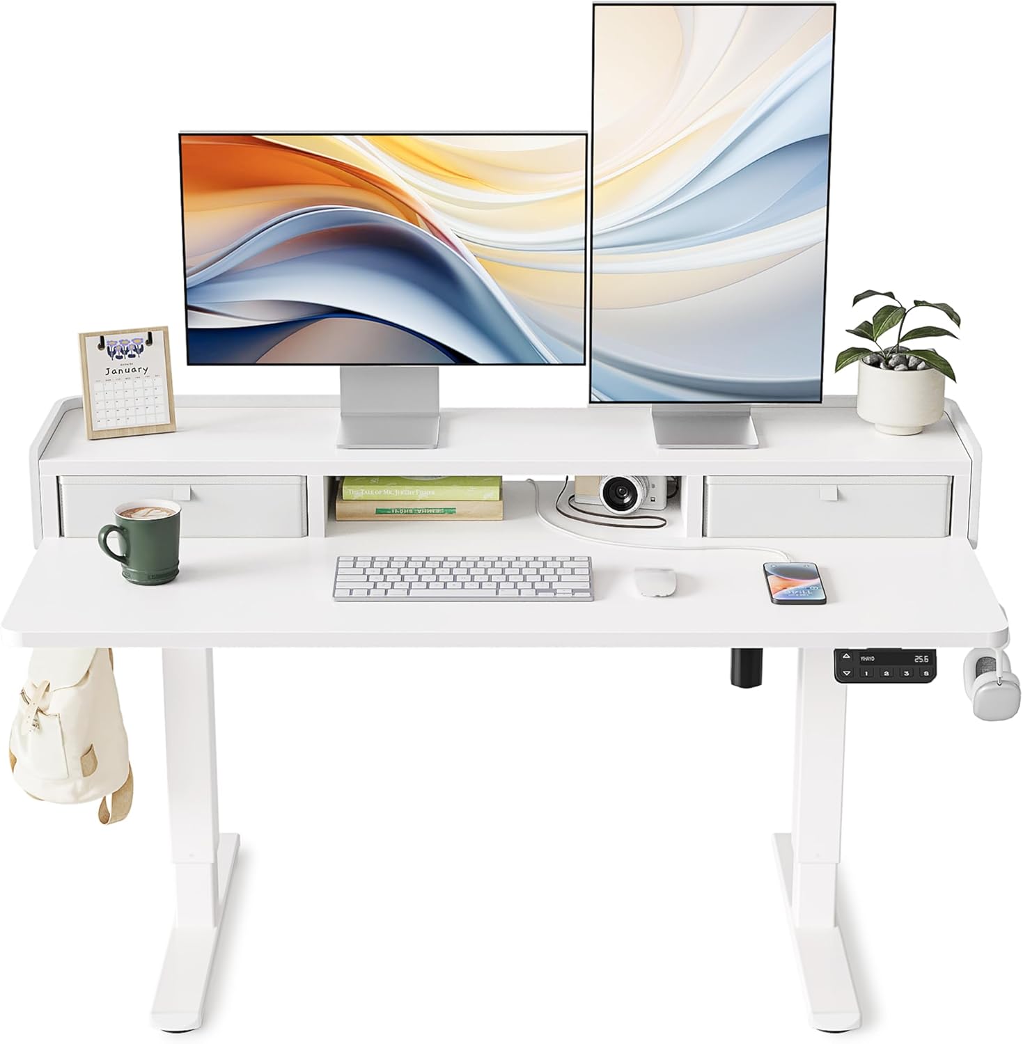 YIHAYO Low Height Adjustable Desk with Drawers, Lifts 18.1-28.3 Inches, Electric Standing Desk with Storage Shelf for Short People, 48 x 24 Inches Table with Splice Board for Home Office, White