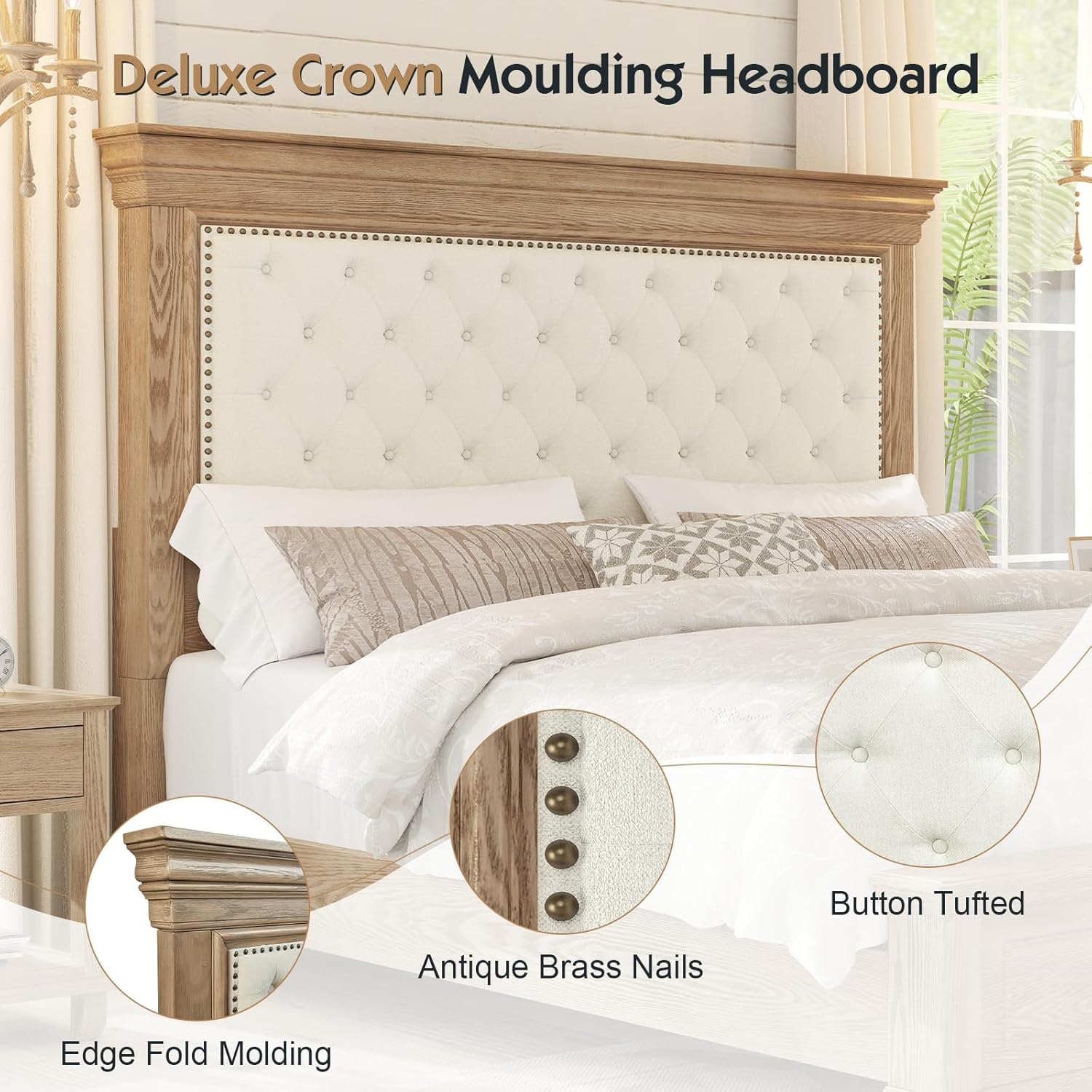 King Size Rustic Solid Wood Bed Frame with 68" Tall Headboard, Chenille Upholstered Farmhouse Panel Platform Bed Mattress Frame, Button Tufted/Antique Brass Nail Trim, Milk Ash