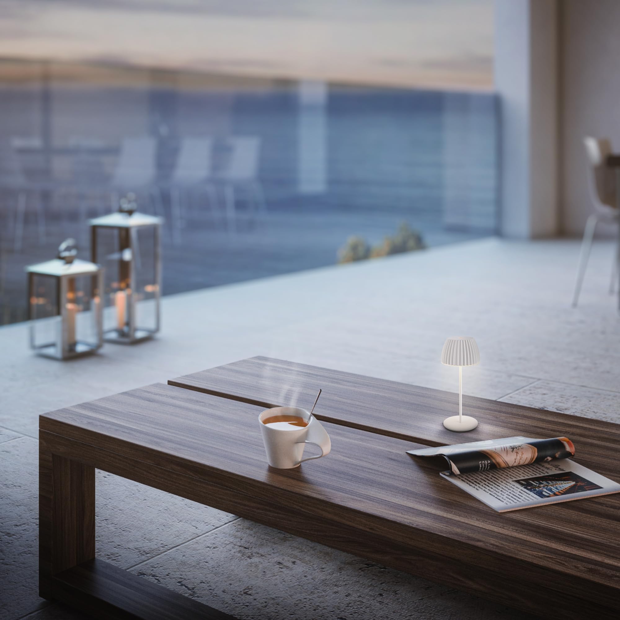 BRILONER - Riffle Mini lampara de mesa sin cable LED inalámbrica IP44 con borde luminoso, regulador táctil, lampara mesita noche sin cable, ganadora del German Design Award 2025, 8,5x20 cm, blanco