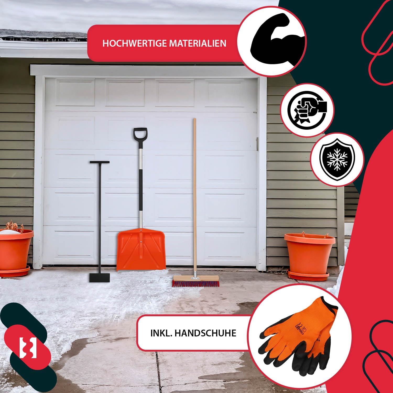 KOTARBAU® Set pala da neve con manico in alluminio, 137 cm, scopa da strada con manico 150 cm, raschietto per ghiaccio 119 x 20 cm + guanti pala da neve, pala da neve, manico in alluminio per la
