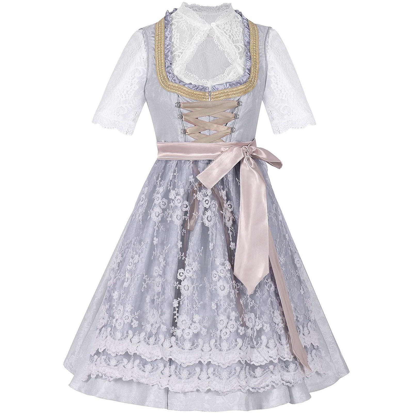 Dirndl Kleid Damen Oktoberfest Trachtenkleid Kurzarm Spitze Bluse mit Schürze Korsett Schnürung Midi Kleid Blumen Spitze Rock Bayerisches Kostüm Traditionelle Kleidung Festkleid