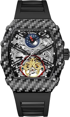 Mens Tonneau Skeleton Automatic Watch for Men Tourbillon Mechanical Wristwatch Luminous Moon Phase Man Watches