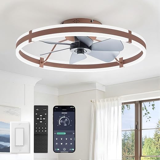 ZMISHIBO Ceiling Fans with Lights and Remote, 19.7'' Low Profile Ceiling Fan, 3000-6000K Dimmable Modern Flush Mount LED Fan Light, 6 Wind Speeds, Brown Fandelier Ceiling Fans for Bedroom