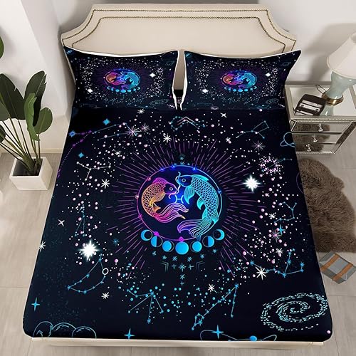 Vista 18 de Erosebridal Aries - Sábana bajera ajustable tamaño matrimonial, sábanas psicodélicas celestiales, sábanas de galaxia trippy de doce constelaciones