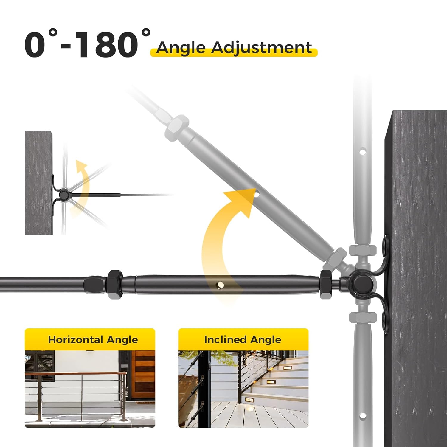 WAYSKA 16 Pairs Black T316 Stainless Steel Cable Railing Hardware Fit 1/8" Wire Rope, Angle 180°Adjustable Swage Toggle Turnbuckle Tensioner and End Fitting, Black Cable Railing Kit for Wood Post