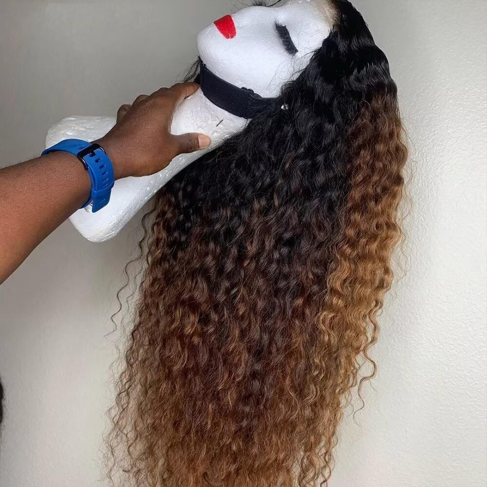 #1B/27 Ombre Loose Curly Human Hair Lace Front Wig 180% Density Pre Plucked Ombre Honey Blonde HD Transparent 13X4 Invisible Deep Wave Lace Front Human Hair Wig with Baby Hair Bleached Knots 14"