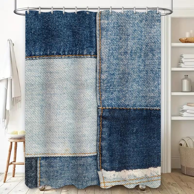Rideau de douche anti-moisissure en tissu lavable denim 150x180 pour baignoire