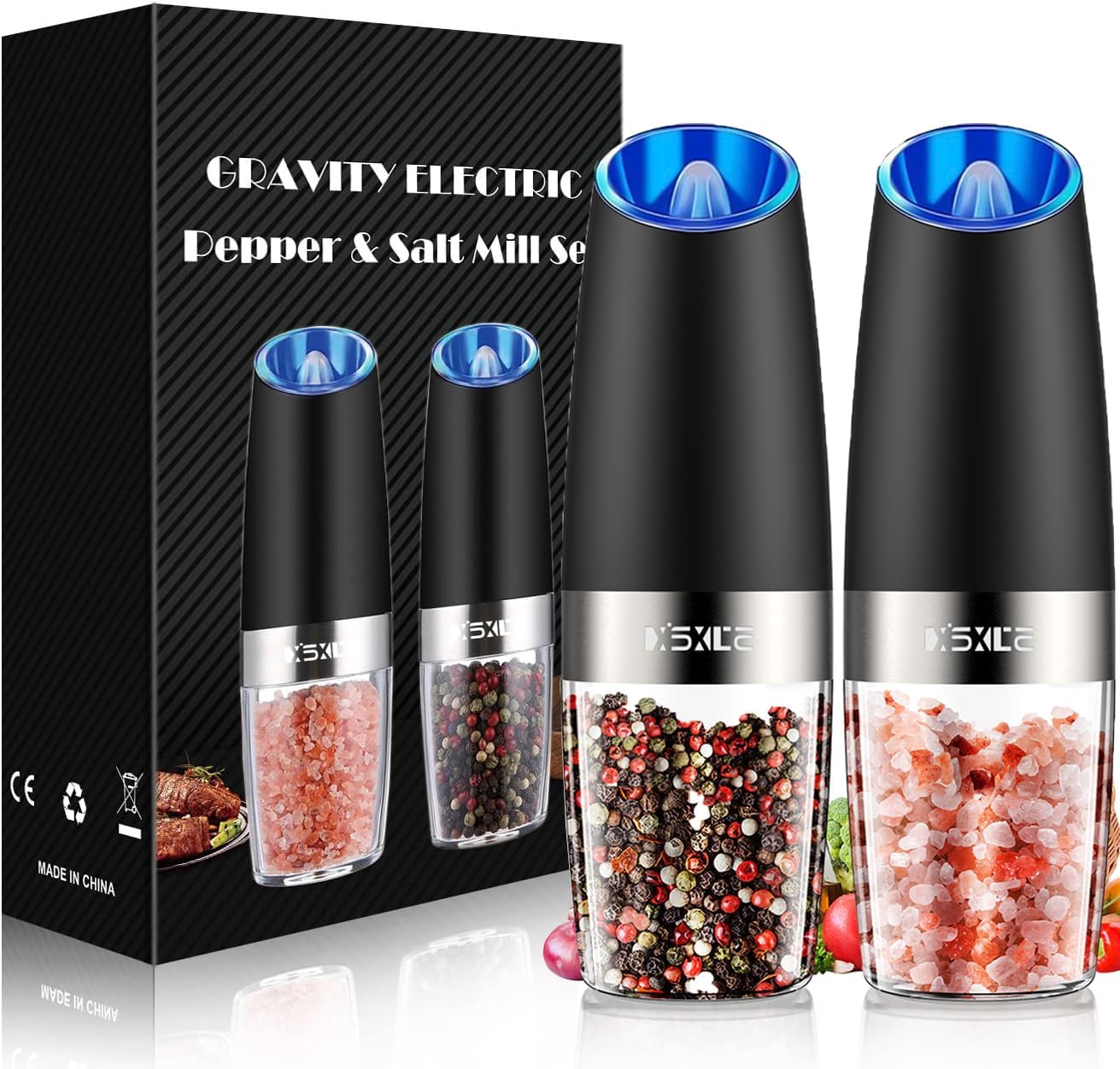 XinXu Gravity Electrical Pepper and Salt Grinder Set, Adjustable Coarseness, with LED Gentle, One Hand Automated Operation (Set/Black X)