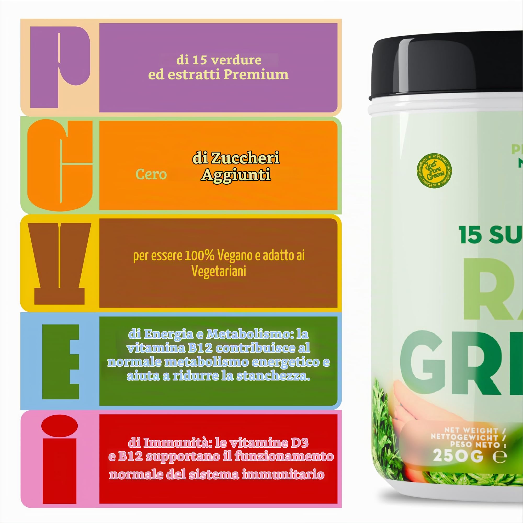 PVN Raw Greens - 15 Superfood in Polvere, Vegano, 250g | Super greens powder vegana di uso quotidiano: 15 superfood in polvere, con Vitamina B12 e D3 vegana.