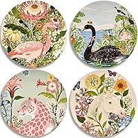 ANCYDPMI 4-Piece 8.5 Inch Ceramic Salad Dessert Plates Set - Nature Illustrated Flamingo Unicorn Leopard Swan Prints, Dishwasher Microwave Safe Gift