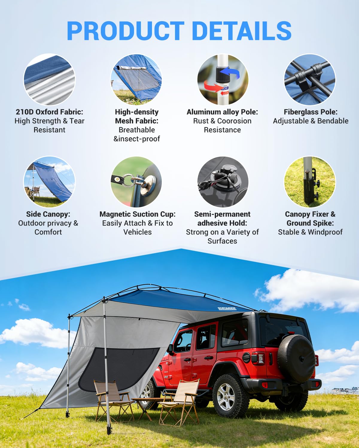 SUPAREE Markise für Auto Camping Auto Markise Sonnensegel Sonnensegel für SUV mit Seitenwänden und Fliegengitter Fenster 210D Oxford UV-Schutz Wasserdicht für Wohnmobil Van Wrangler