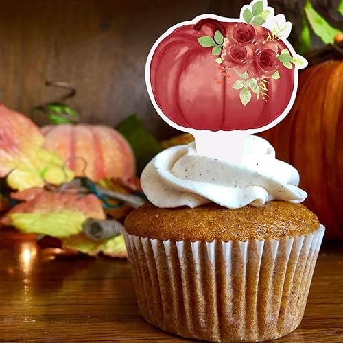 Miniatura 5 de Decoración floral para cupcakes, calabaza, otoño, cumpleaños, baby shower, comida y postre, decoración de calabaza, acuarela, 36 unidades, rosa