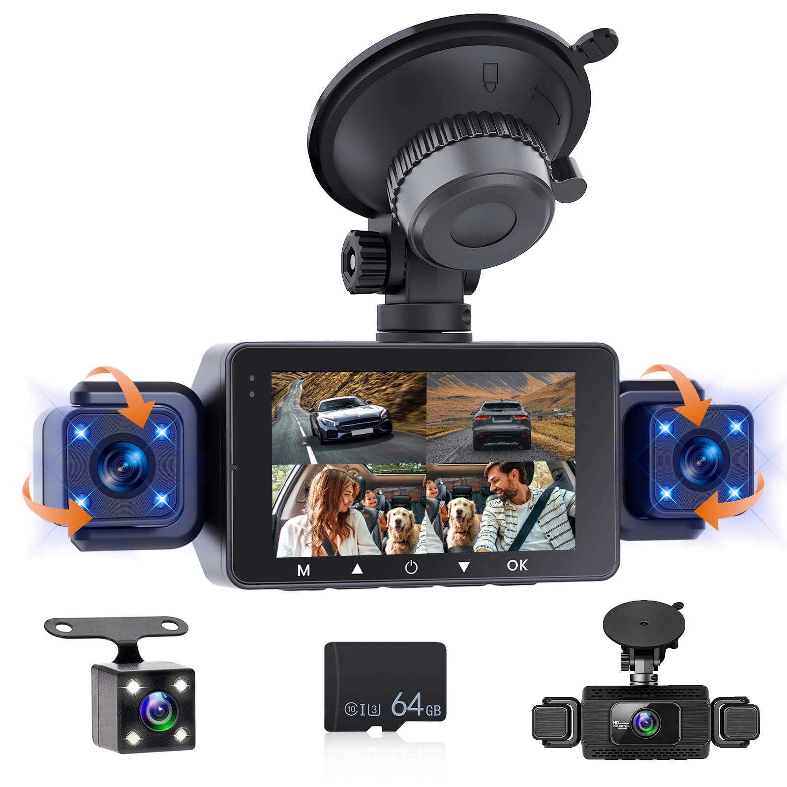 360° Dashcam 4 Canales, Camara para Coche Frontal 1080P, Pantalla IPS 3" | Cámara Vigilancia Coche Con WIFI y APP/Tarjeta SD 64GB/G-Sensor/24H Modo Aparcamiento/Visión Nocturna/Grabación en Bucle