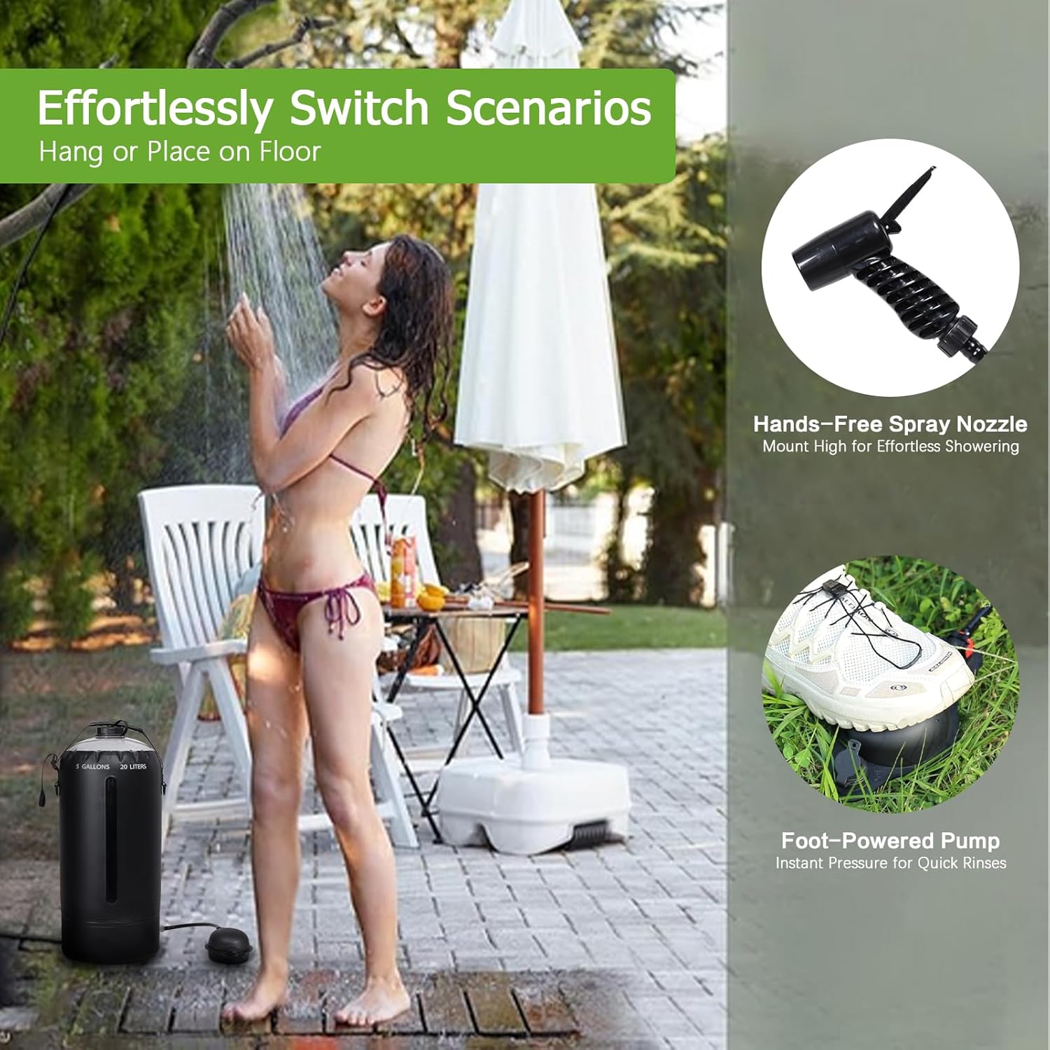 Aircity Portable Solar Camping Shower Bag with Foot Pump & Upgraded Leak-Proof Design – 20L/5-Gallon Outdoor Shower for Beach, Hiking, Travel | Lightweight, Large Water Inlet, Carry Bag