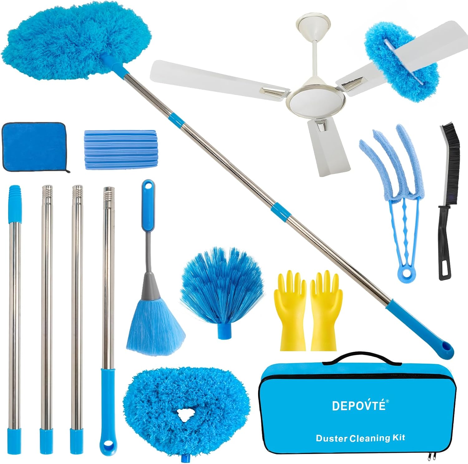 Ceiling Fan Cleaner Duster Kit 72 Inch Ceiling Fan Duster Extension Pole 8-in-1 Microfiber Duster Set for High Ceilings, Fan Blades, and Lights Reusable Cleaning Tools with Storage Bag