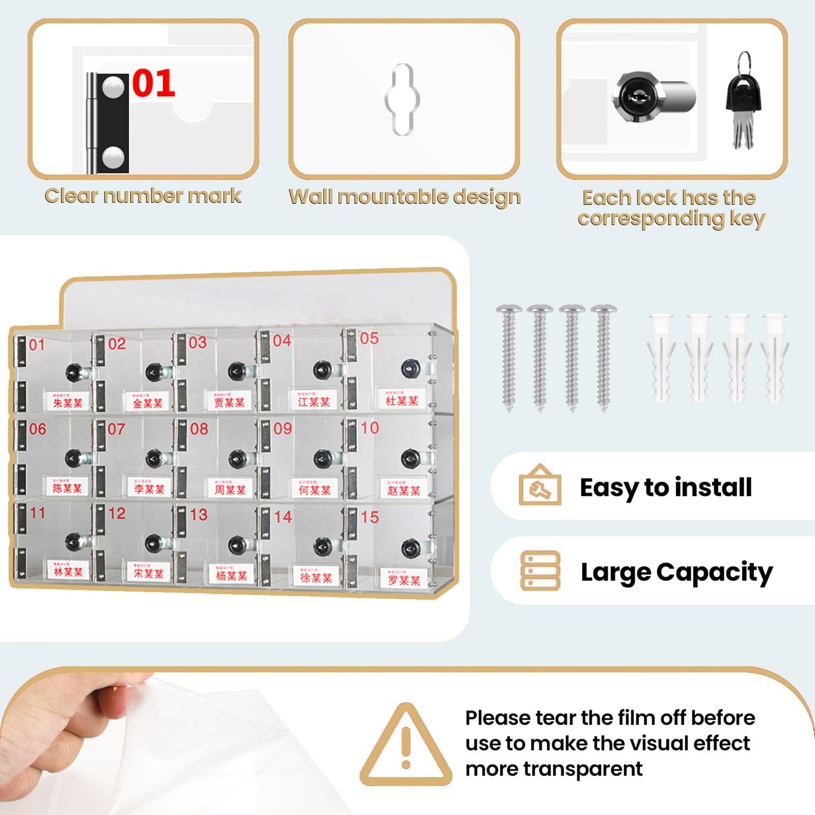 SDdPulse Caja de almacenamiento de acrílico para teléfono móvil montada en la pared, taquillas de empleados de 15 bits para espacios de trabajo y almacenamiento seguro del teléfono, ideal para