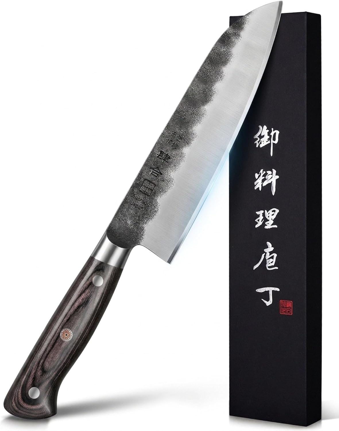 kanngou 7 Inch Santoku Chef Knife, Black Forged AUS-8 Steel Kitchen Knife