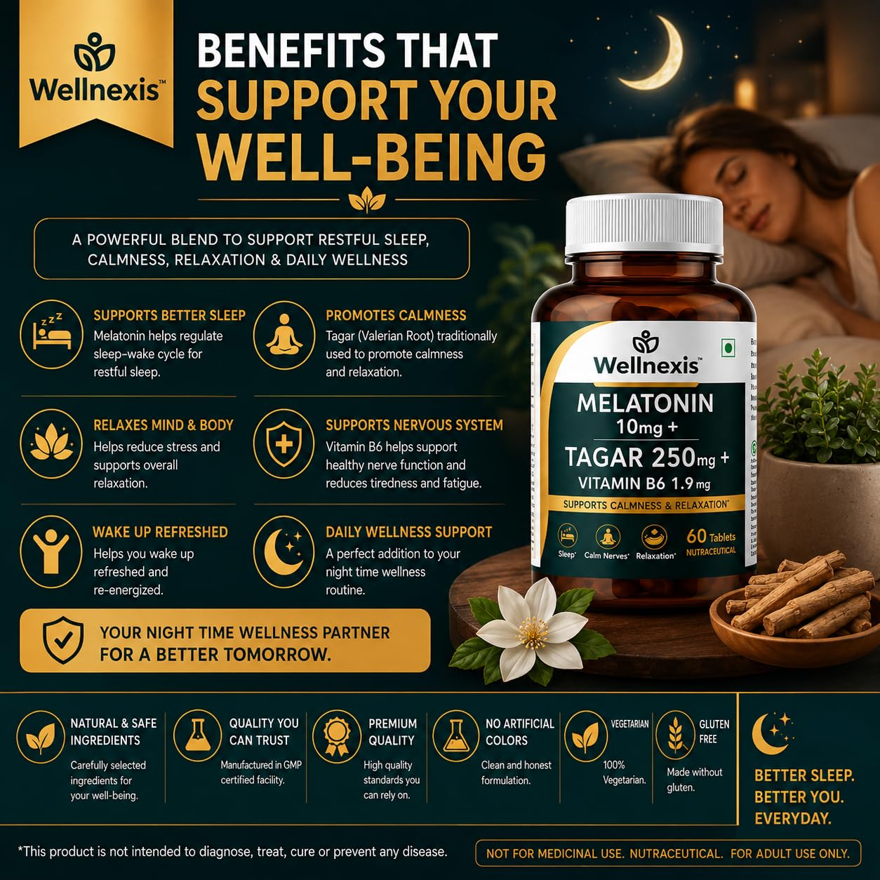 Melatonin 10mg Sleeping Tablets for Deep Sleep with Tagar 250 mg | Sleep Supplement for Men & Women | Melatonin Tablet for Restful Deep Sleeps | Sleeping Pills - 60 Veg Tablets. — Amazon image 4