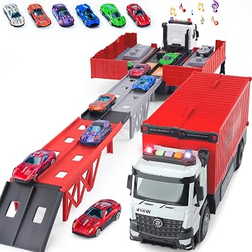 Container Truck Track Kids Toy Set Foldable Three-Tier Track Toy Cars Set Includes Sound Light Effects and 6 Die-Cast Cars for Christmas Easter Birthday 3 4 5 6 8+ Years Old Boys and Girls Gifts - Red