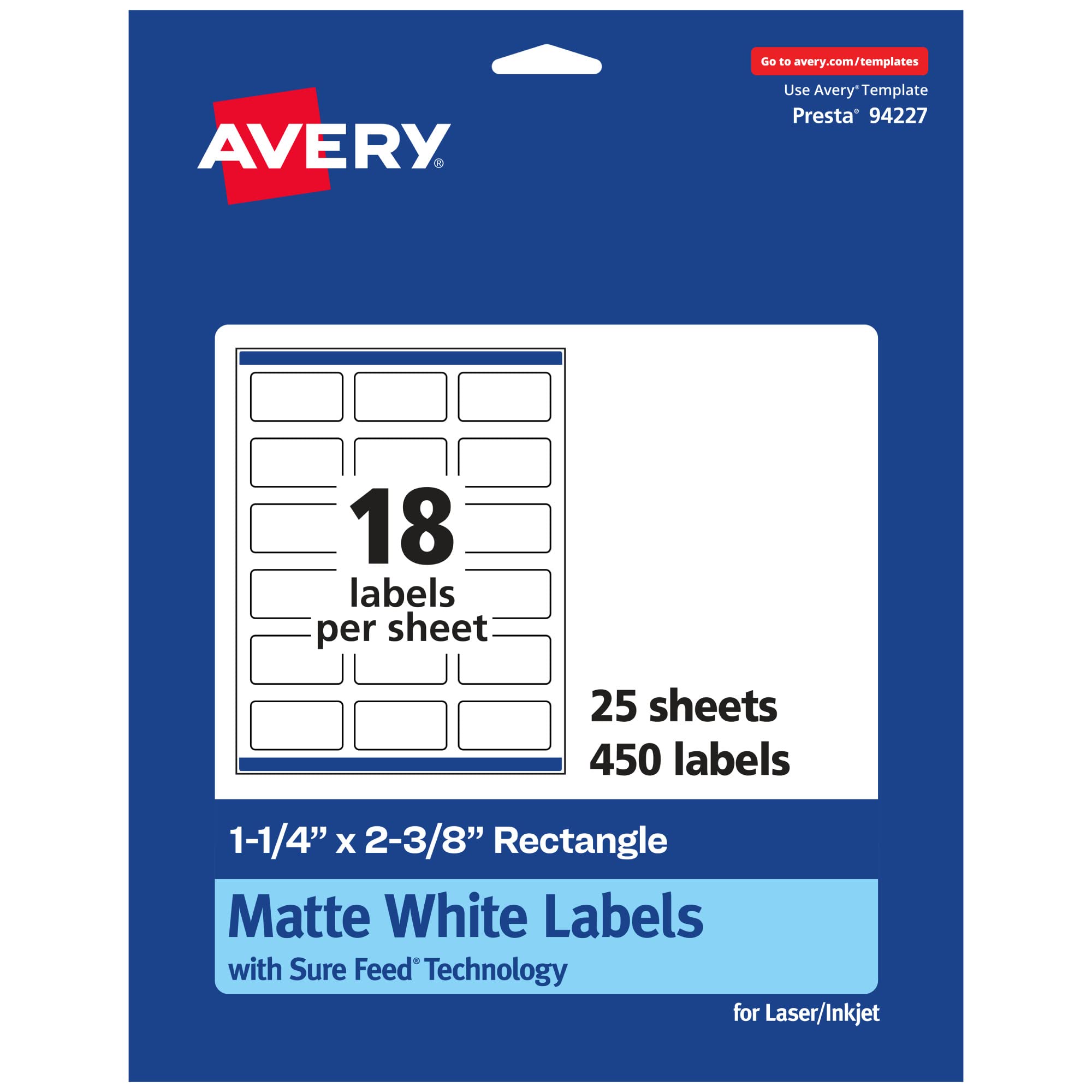 Avery Matte White Rectangle Labels, Sure Feed Technology, 1-1/4" x 2-3/8", 450 Matte White Printable Labels