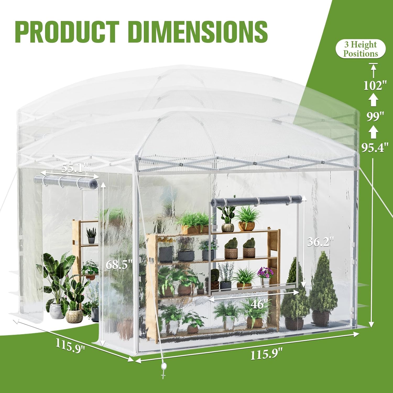 AMERLIFE 10×10×8.5 FT Pop-up Walk-in Greenhouse with Adjustable Reinforced Frame for Outdoors Indoor, Portable Greenhouse with 2 Roll-up Zipper Doors, Windows and PE Cover, White