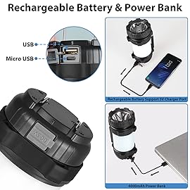 2 Pack Camping Lantern, Outdoor LED Camping Light, Rechargeable Flashlights with 1000LM, 6 Modes, 4000mAh Power Bank, IPX5 Waterproof Portable Emergency Camp Light for Hurricane Survival - Black