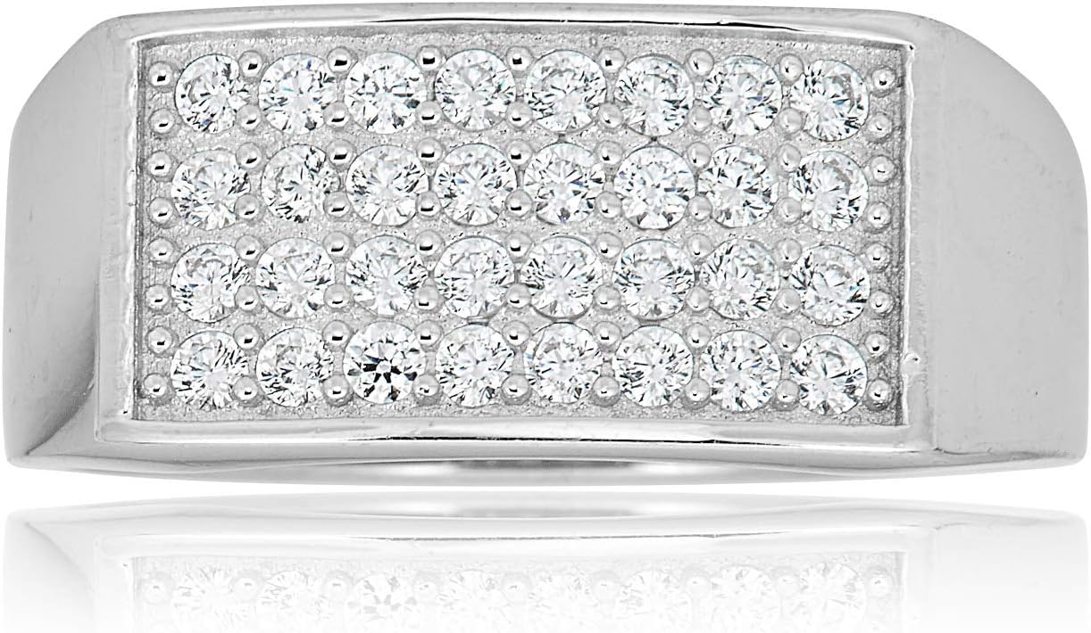 AVORA 925 Sterling Silver Simulated Diamond CZ Men's Rectangular Cluster Ring