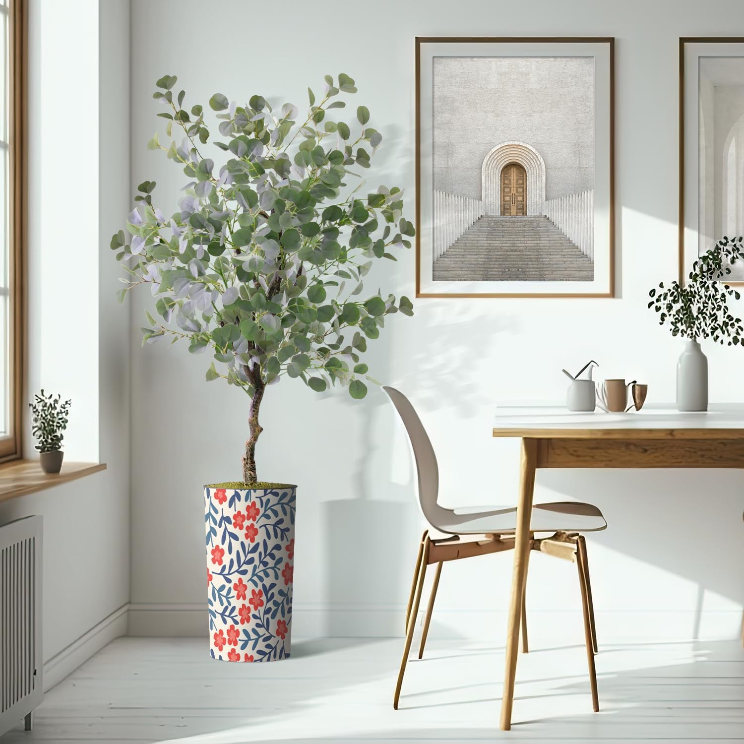 Artificial Tree in Contemporary Daisy Flower Pattern Planter, Fake Eucalyptus Silk Tree for Indoor and Outdoor Home Decoration - 66" Overall Tall (Plant Pot Plus Tree)