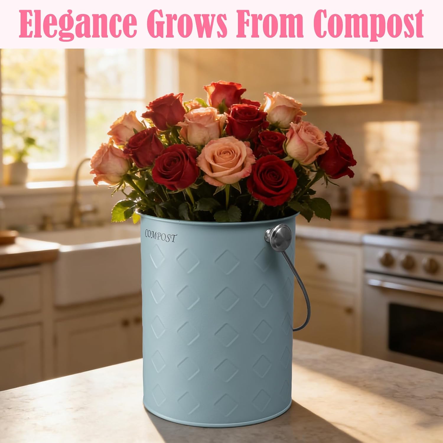 AOSION Countertop Compost Bin Kitchen,Odorless Indoor Compost Bin with Lid,Farmhouse Composter Container for Food Waste,Includes 2 Carbon Filters, Small Compost Bucket,Trash Bags (Modern, Blue)