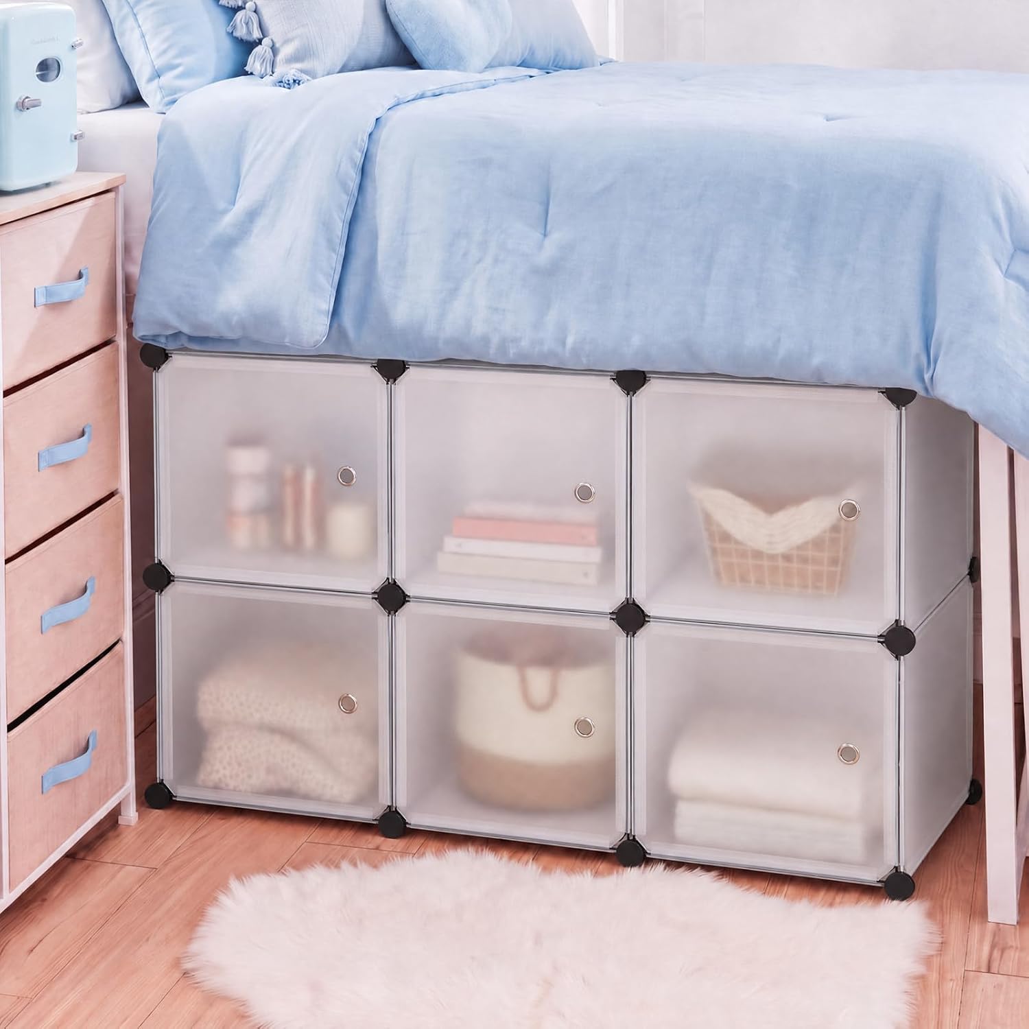 RattanView Clear Under Dorm Bed Storage Cube Organizer Foldable Stackable Closet with Doors, Each 11.8" L × 11.8" W × 11.8" H Cubby Organizer Bin, Plastic Storage Shelves, 6 Cube