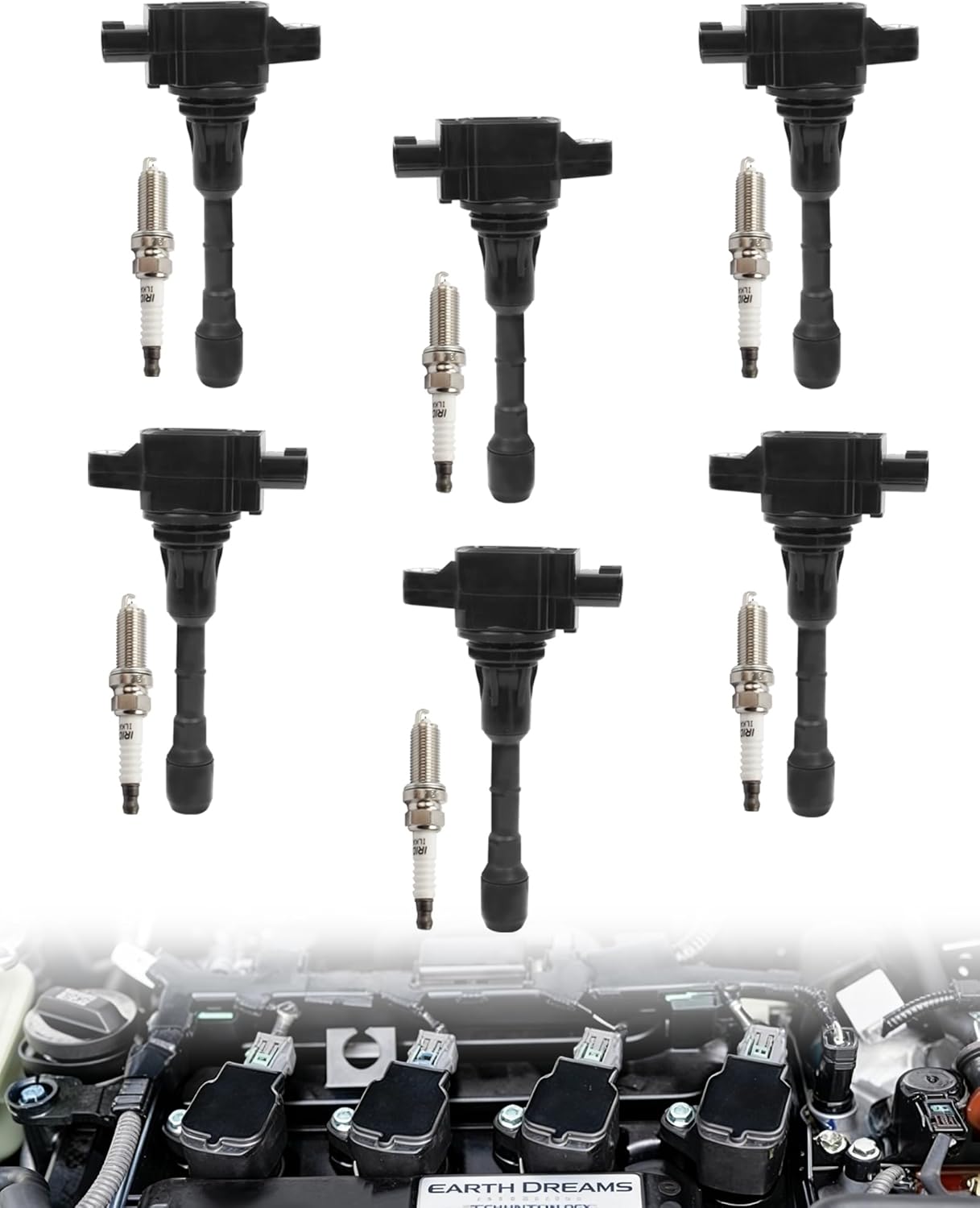 Ignition Coil Pack with Spark Plug UF550 Compatible With 2007-2019 Murano Maxima Pathfinder 350Z Altima Quest V6, 2007-2019 EX35 FX35 G25 G35 JX35 M35 M35h Q50 Q70 QX60 V6,Set of 6
