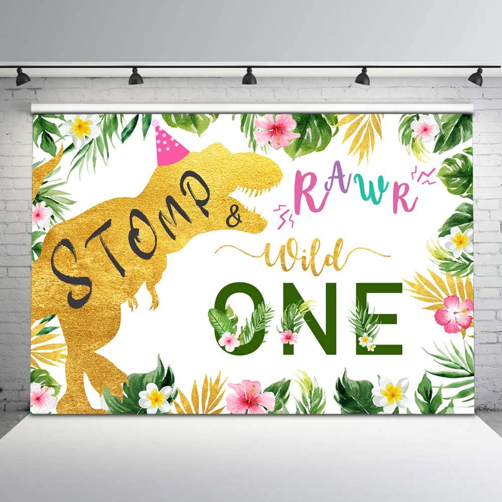 Avezano Dinosaur Wild One Birthday Backdrop Gold Safari Dinosaur First Birthday Photo Background 7x5ft Girl Dinosaur Jungle Birthday Party Backdrops