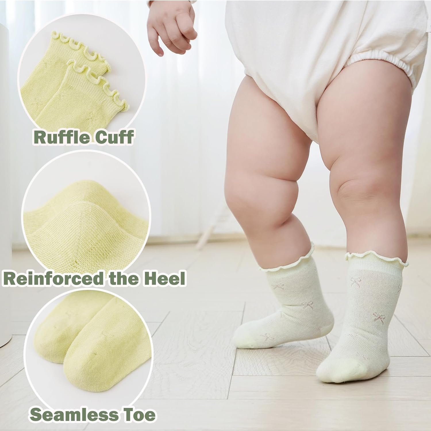 Toddler Baby Girls Cotton Crew Socks Ruffle Trim Breathable Thin Mesh Ankle Length Socks for Infants Kids Summer