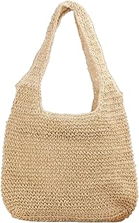 Straw Bag Woven Beach Bag Straw Woven Tote Bag for Women Large Capacity Summer Beach Travel Handbag Shoulder Bag with Zipper for Vacation Beige