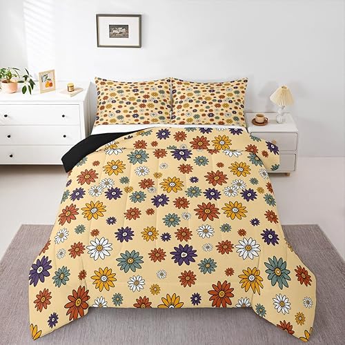 Miniatura 3 de Juego de ropa de cama floral tamaño individual, juego de edredón de flores coloridas para niñas y niños, edredón retro de dibujos animados de flores