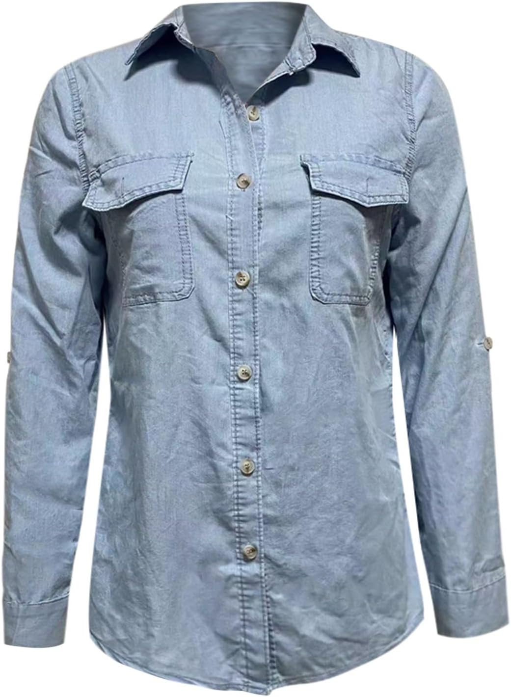 Women's Button Down Denim Shirt Collared Casual Long Sleeve V Neck Chambray Jean Western Shirts with Pockets