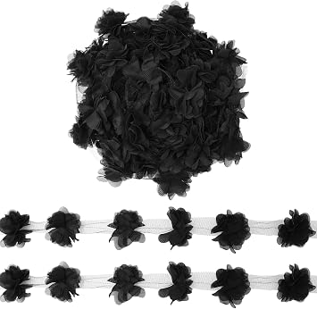 Yalulu 5 Yards 3D Chiffon Cluster Flowers DIY Lace Trim Dress Decoration Tulle Fabric Applique Trimming Craft Sewing Black