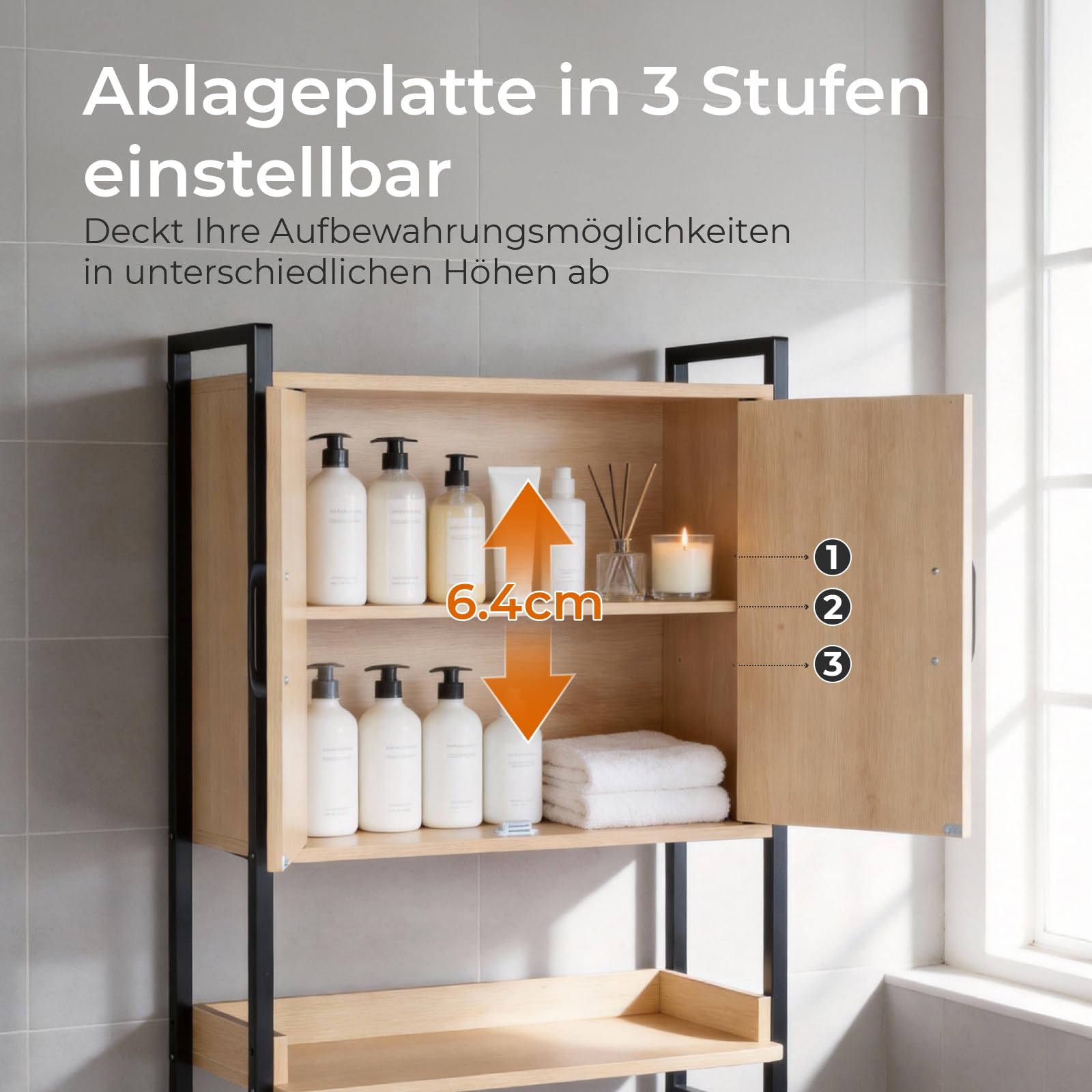 LEADZM Waschmaschinenschrank, Waschmaschinenregal Regal über Waschmaschine | Toilettenregal mit Schrank, Badregal, 64,5 x 30 x 171 cm