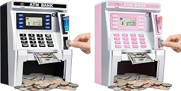 ATM Piggy Bank for Kids, ATM Machine for Real Money with Debit Card, Bill Feeder, Coin Recognition, Balance Calculator, Electronic Savings Safe Box, Gifts for Teen Boys Girls