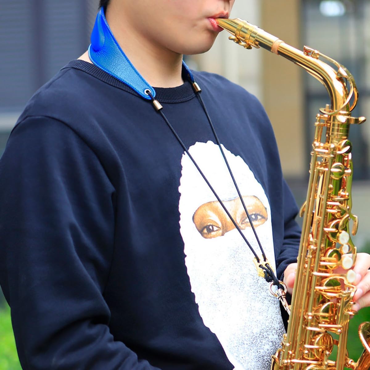 SECFOU Adjustable Saxophone Shoulder Strap with Padded Blue Leather and Cotton, Universal Sax Neck Harness for Alto Tenor Baritone Saxophones, Comfortable Wind Instrument Fixing Belt