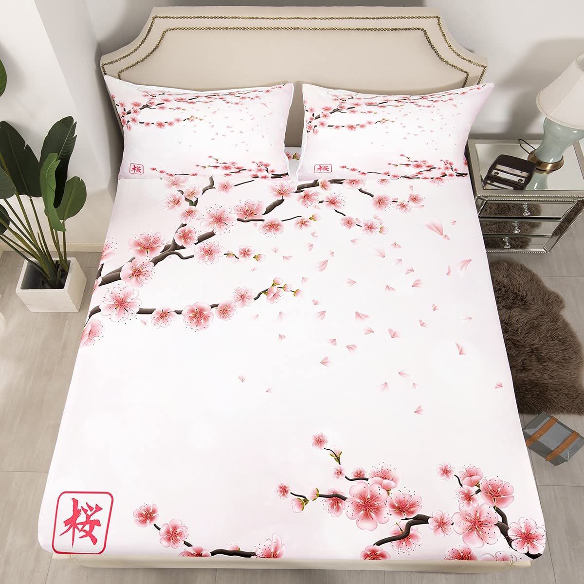 Drap Housse 120x190 Rouge Japonais - Motif 3D Fleurs De Cerisier - Microfibre Douce Avec Taies D'oreiller