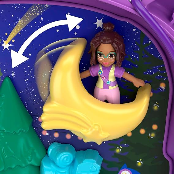 Polly Pocket Pocket World Owlnite Campsite Compact with Fun Reveals, Micro Polly and Shani Dolls, Boat and Sticker Sheet; For Ages 4 and Up, GKJ47