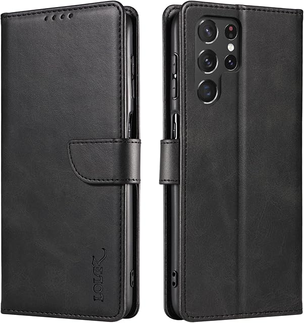 LOLFZ Wallet Case for Samsung Galaxy S22 Ultra 5G, Vintage Leather Book Case with Card Holder Kickstand Magnetic Closure Flip Case Cover for Galaxy S22 Ultra 5G - Black
