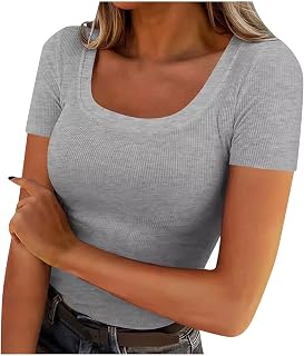Women Short Sleeve Tops Scoop Neck Ribbed Knit Slim Fitted Basic Tee Shirt Casual Summer Clothes Spring Outfits
