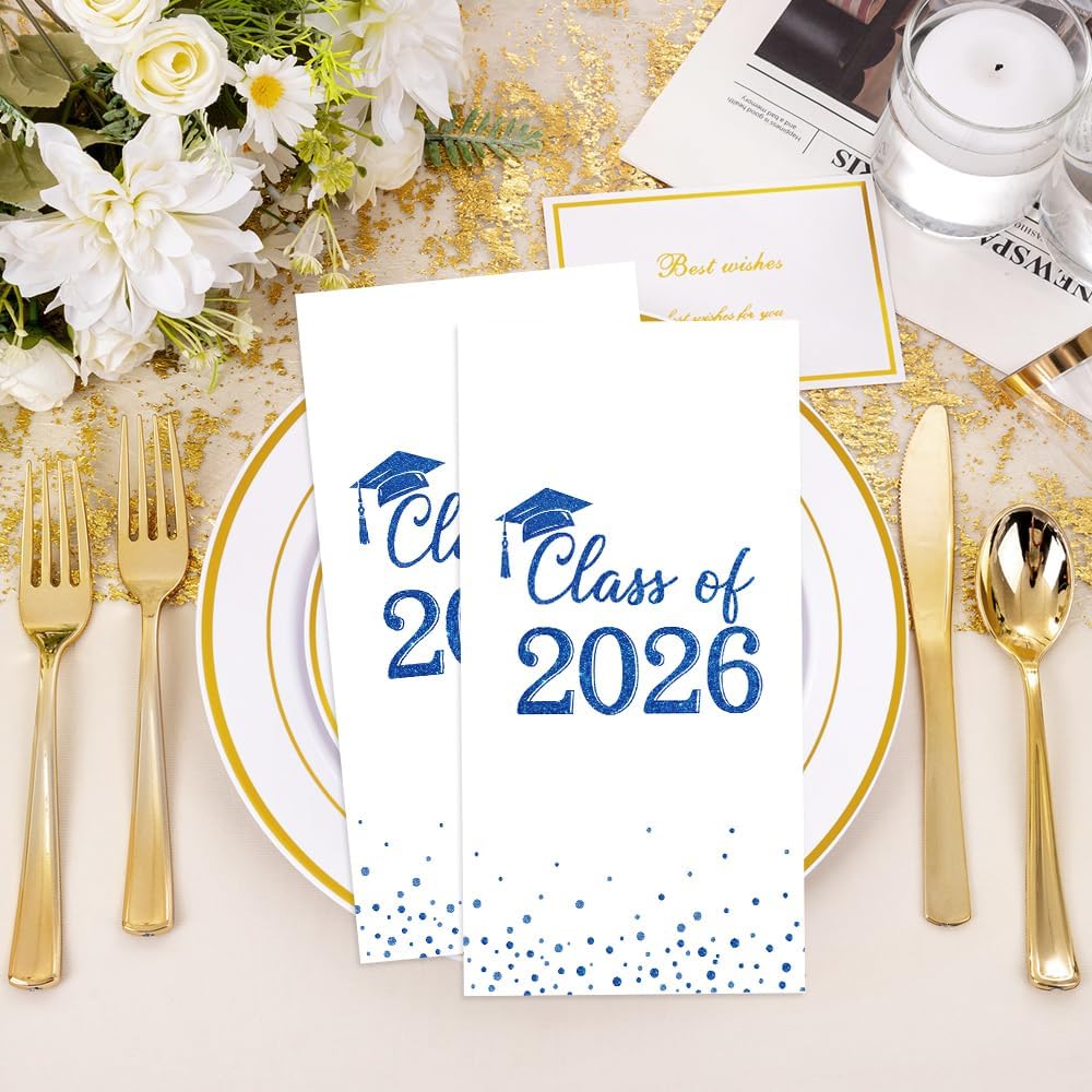 Graduation Napkins, 100 Pack Disposable Hand Towels for Bathroom, Class of 2026 Cocktail Napkins Paper Napkin Guest Napkin for Home Kitchen Dinner Graduation Party Supplies Tableware Decorations, Blue