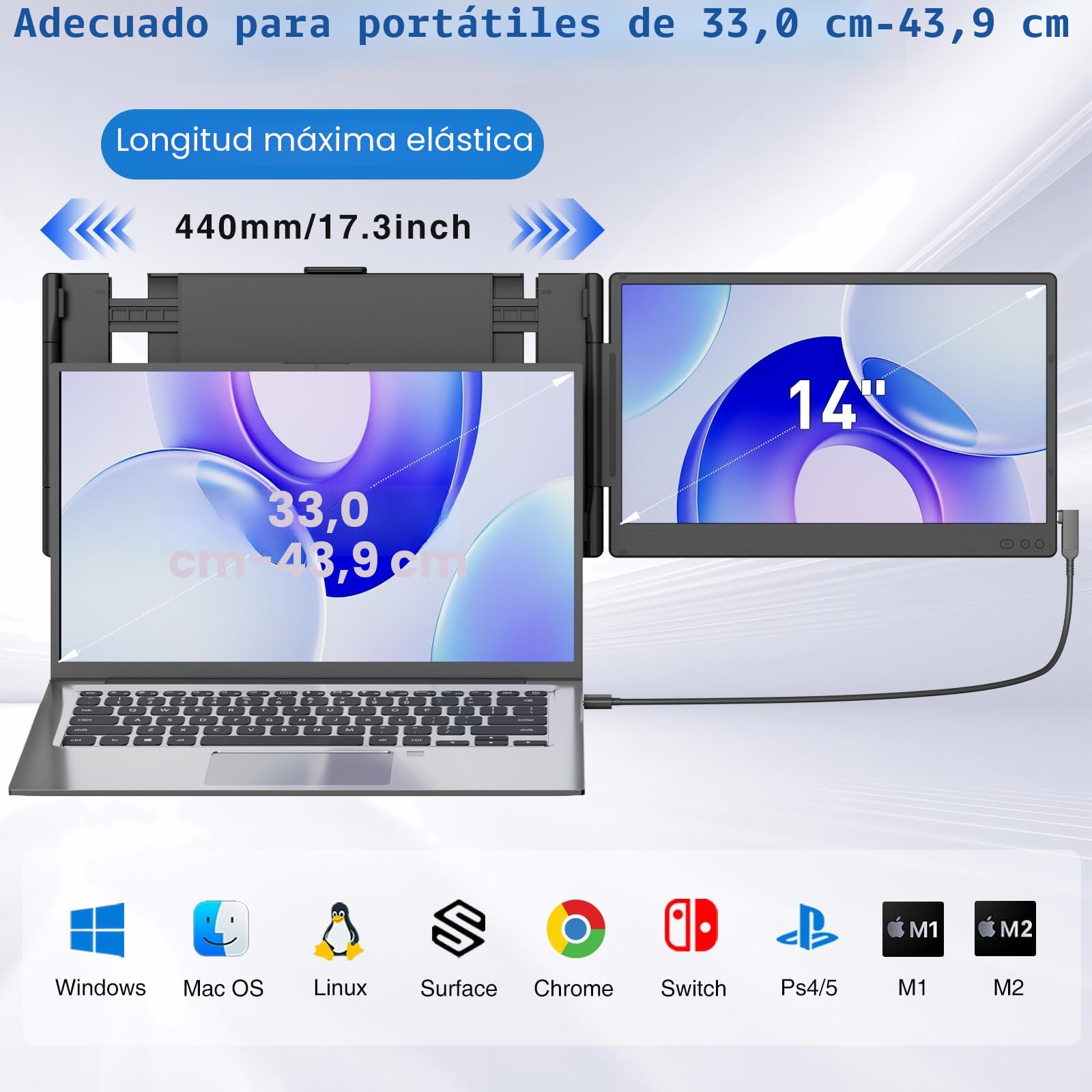 Monitor Portatil - 14” FHD 1080P IPS Extensor Pantalla Portatil, Doble Pantalla para Portatil para Laptops 13-17.3", Plug & Play para Windows/Mac/Android/Switch/PS5 con Puerto USB C/HDMI