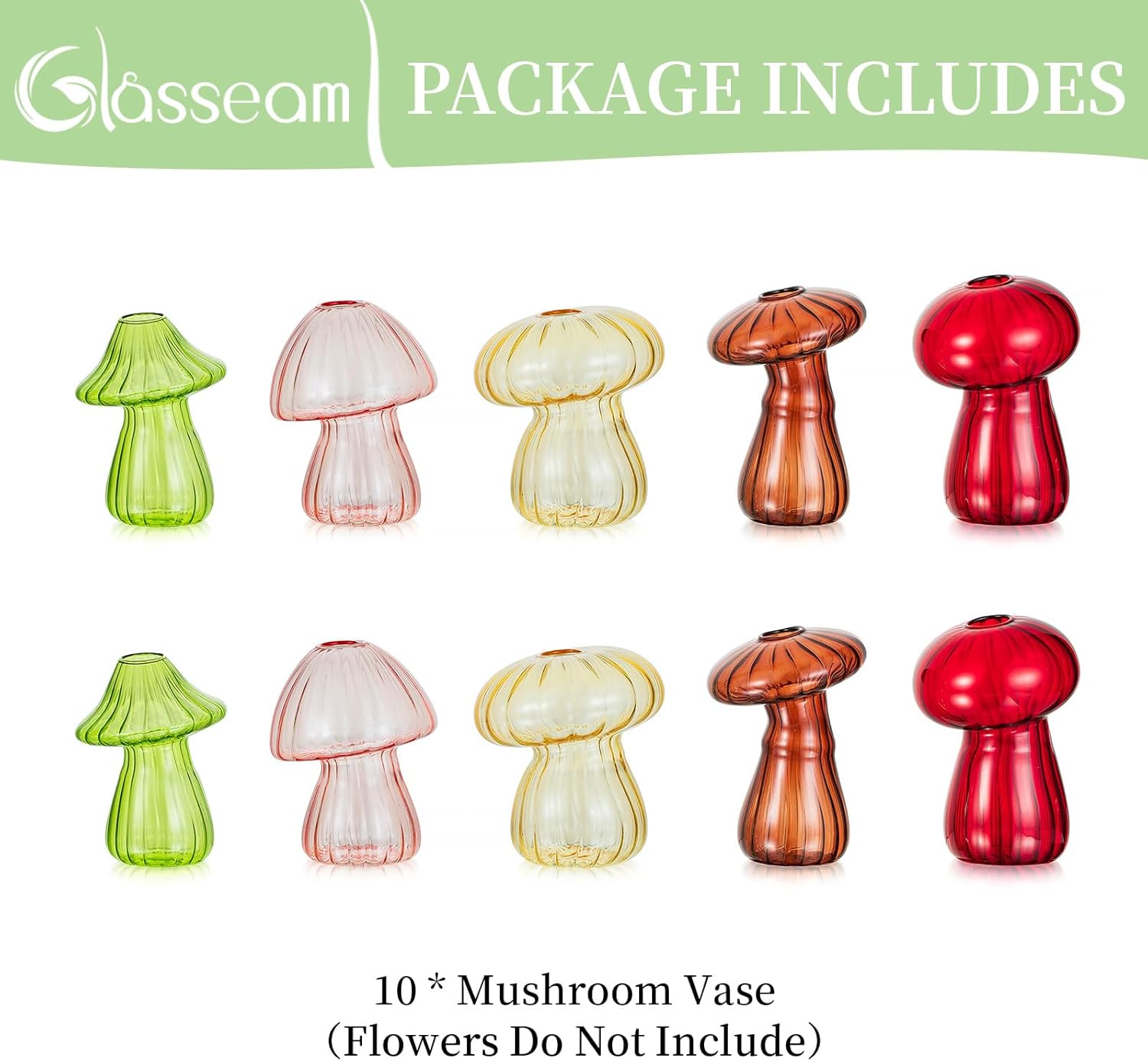 Glasseam Mushroom Plant Propagation Stations: Cute Glass Terrarium Jar Propagation Vase Set of 10 Hydroponic Planters for Home Room - Unique Colorful Mushroom Decor Gifts for Plant Lovers